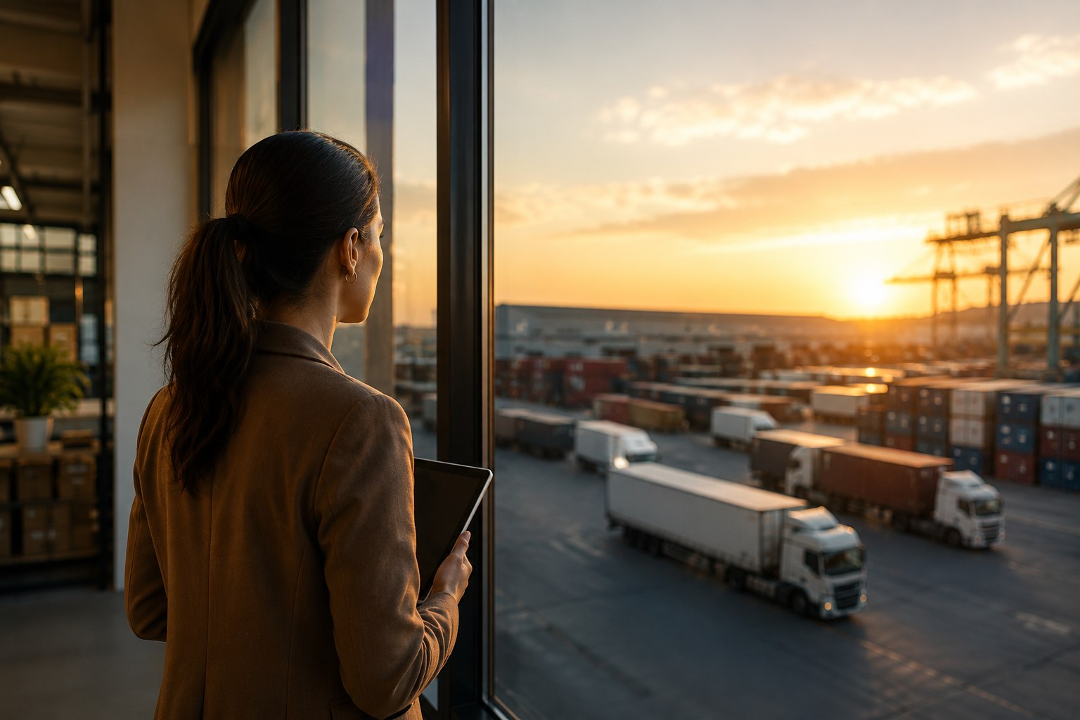 Logistics manager with a tablet overlooking a truck and container yard at sunset
